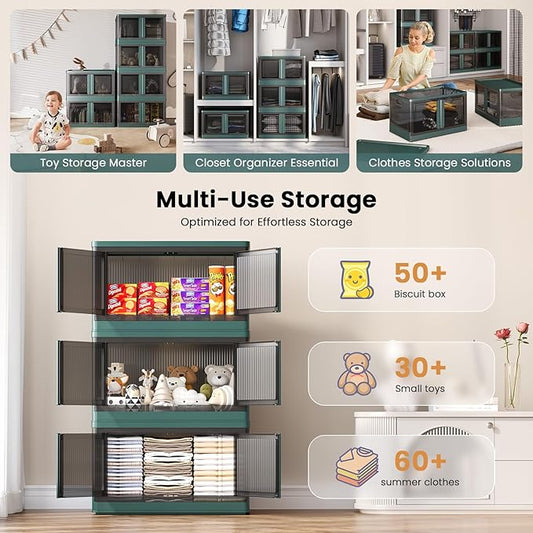 19Gal Collapsible Storage Bins with Lids & Wheels - 1 Pack Stackable with Doors, Heavy-Duty Plastic Containers for Home/Office, Green