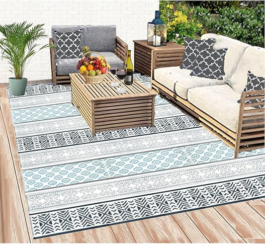 BalajeesUSA Outdoor Rug - 9x18 Grey, Teal, Reversible Recycled Plastic Straw Outdoor Patio Rugs Clearance Waterproof Large RV Camper Mats 7087