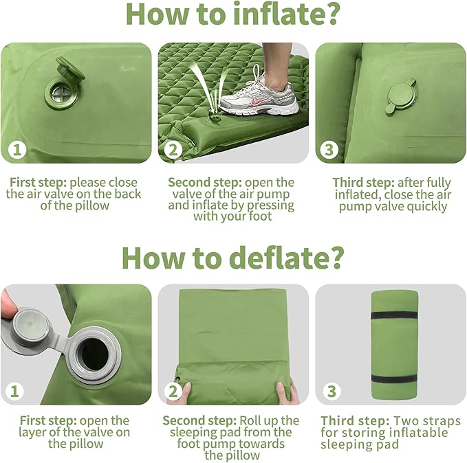 Double Sleeping Pad for Camping, 2 Person Ultralight Inflatable Sleeping Mat with Pillow and Built-in Foot Pump, Portable Camping Mattress for Tent, Backpacking, Hiking, Traveling(Green