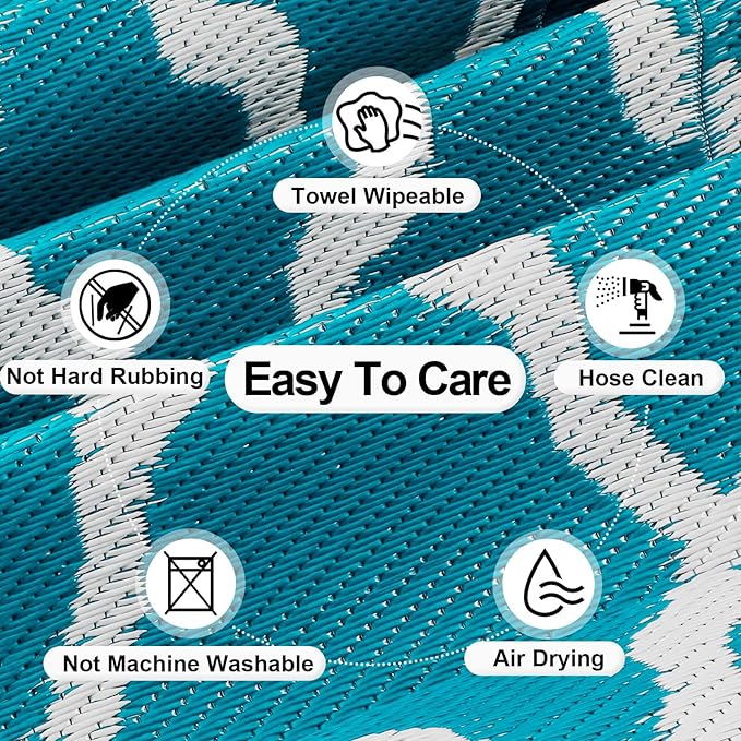 OutdoorLines Outdoor Plastic Area Rugs for Patio 6x9 ft - Reversible Outside Carpet, Stain & UV Resistant RV Mats, Straw Rug for Camping, Deck Garden, Porch and Balcony, Moroccan Teal & Light Grey