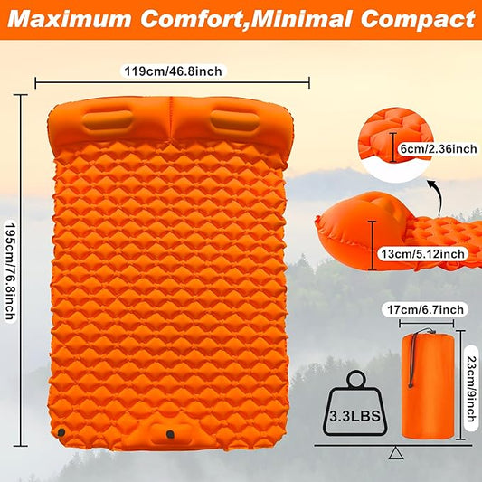 Self Inflating Sleeping Mat Ultralight Inflatable Sleeping Pad for Camping with Pillow Built-in Foot Pump Backpacking for Hiking Traveling Tent, Grey (Orange-Double)