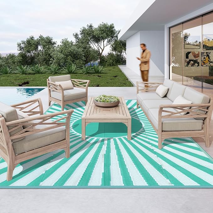 Wonnitar Waterproof 9x12 Outdoor Rug - Outdoor Plastic Straw Rug for Patio, Lightweight Extra Large RV Outside Camping Carpet, Portable Mat for Garden Balcony Beach (Blue-Green, 9'x12')