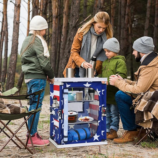 EAGLE PEAK Outdoor Folding Camping Table with Large 3-Tier Storage Organizer and Side Pockets, Easy Set Up Portable Aluminum Camping Kitchen, American Flag