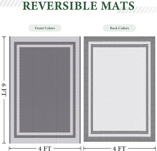 HappyTrends,Outdoor Rug,Patio Rug,Reversible Portable Outdoor Plastic Straw Rug,Camping Rugs for Outside RV,Large Waterproof Area Rugs for Patio,Deck,Picnic,Porch,Balcony(4'x 6',White&Gray)