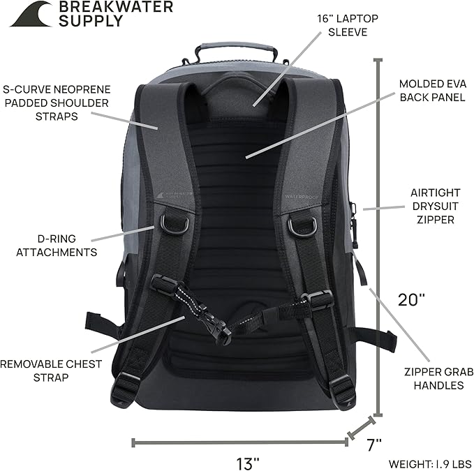 Breakwater Supply™ 100% Waterproof Submersible Backpack, Laptop Bag, Airtight Zippers | Travel Outdoors | Fogland 25L 20L 15L