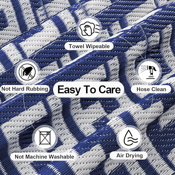 OutdoorLines Outdoor Plastic Area Rugs for Patio 4x6 ft - Reversible Outside Carpet, Stain & UV Resistant RV Mats, Straw Rug for Camping, Deck Garden, Porch and Balcony, Geometry Navy & Light Grey