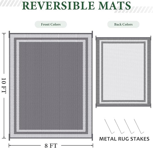 HappyTrends Outdoor Rug Reversible Portable Plastic Straw Camping Rugs for Outside RV,Large Waterproof Outdoor Area Rugs for Patio,Deck,Porch,Balcony(8'x 10',White&Gray)