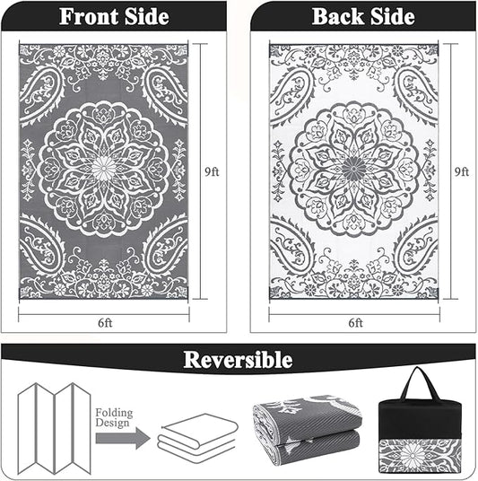 Pauwer Waterproof Outdoor Rug 6x9, Reversible Plastic Straw Patio Camping Rug, Indoor Outdoor RV Mat Carpet for Deck, Camper, Porch, Balcony, Backyard, Picnic, Boho Grey