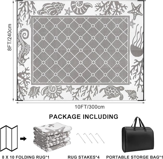 Vaukki Reversible Rugs, Plastic Straw Outdoor Doormat, Fade Resistant Plastic Outdoor Patio Mat, Lightweight Ocean Area Carpet for Patio, RV, Camping, Beach, Deck, Backyard and Picnic (Grey, 8'x10')