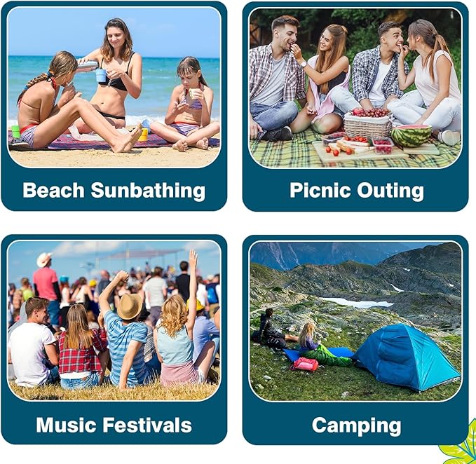 WERNNSAI Beach Blanket Waterproof Sandproof - Extra Large Beach Mat 79" x 83" Sand Free with 4 Stakes Pockets Quick Dry Lightweight Blue Plant Pattern Picnic Mat for Beach Party Camping