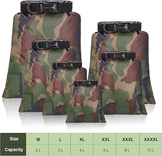 Shappy 6 Pcs Waterproof Dry Bag Set 6 Sizes Lightweight Sacks and Long Adjustable Shoulder Strap Outdoor Water Proof Keep Gear Dry Bag Stuff Sacks for Backpacking, Boating, Hiking, Camping (Camo)