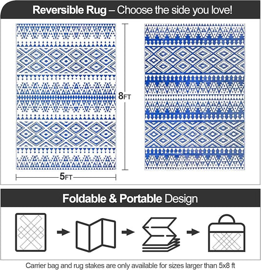 Waterproof Outdoor Rug 5x8ft, Bohemia Reversible Plastic Straw Mat for Patio RV Deck Porch Backyard Balcony Camping Picnic Beach Indoor Outdoor Carpet, Blue&White