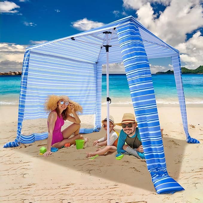 Beach Cabana - Cool 6.2โx6.2โ UPF 50+ Sun Shade, Easy Setup & Portable, Waterproof Canopy with Sand Pockets, Side Wall & Beach Umbrella Tent Design - Perfect for Family Trips, Picnics & Camping