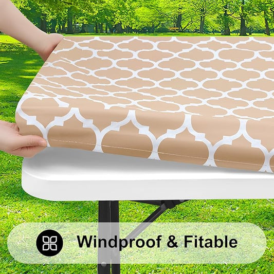 Smiry Rectangle Picnic Table Cover, Waterproof Elastic Fitted Camping Tablecloths for 8 Foot Tables, Wipeable Flannel Backed Vinyl Tablecloth Protector for Indoor, Outdoor (Khaki, 30x96 Inches)