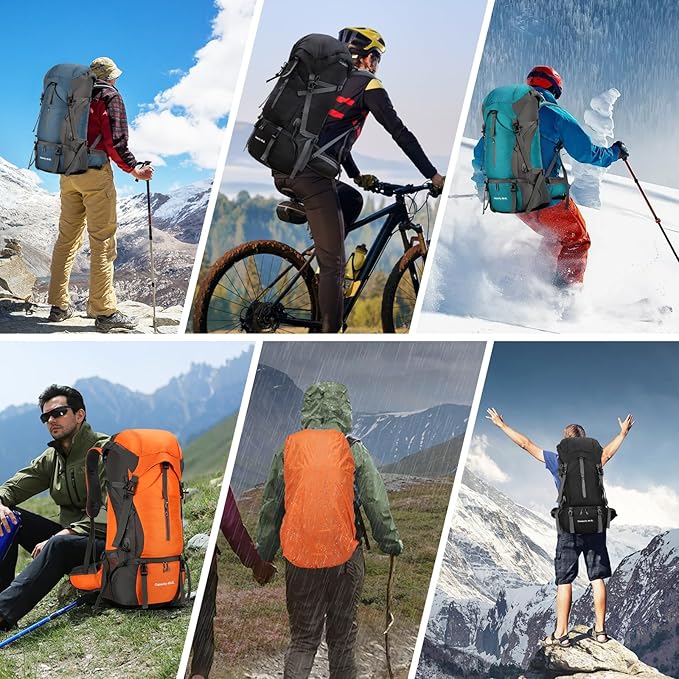ShowyLive 70L Hiking Backpack - Lightweight Waterproof Travel Backpack for Men & Women, Large Camping Bag with Rain Cover & Adjustable Straps (Orange)