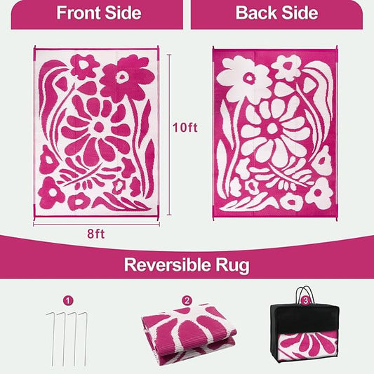 Wonnitar Outdoor Rugs 8x10,Plastic Outdoor Waterproof Patio Rugs Clearance,Reversible Large Outside RV Camping Mat,Portable Abstract Plant Lightweight Carpet for Backyard Deck Park (Pink, 8'x10')