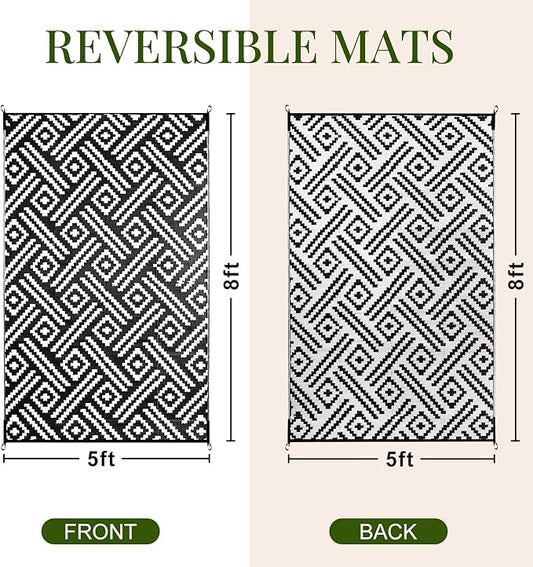 OPPODREAM Outdoor Rug 5x8 Ft, Waterproof Outdoor Plastic Straw Rug for Patio, Reversible Out Door Carpet for Camping, Deck, Rv, 5 x 8 Area Carpet for Balcony, Porch, Backyard, Black and White