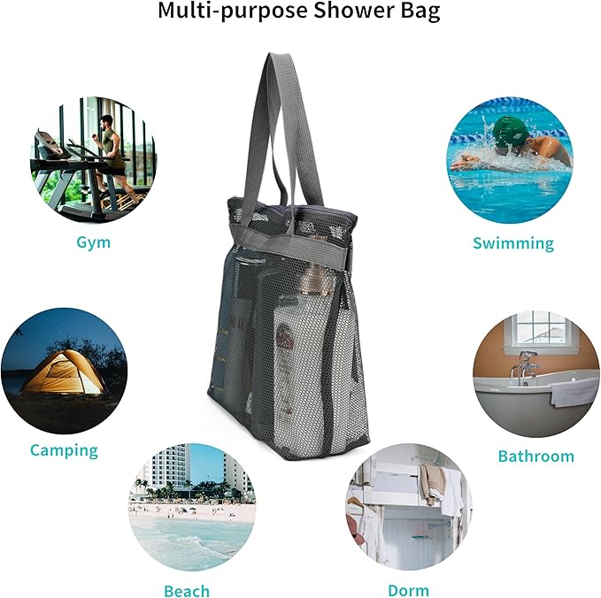 Portable Mesh Shower Caddy Tote Bag Hanging Toiletry Bag with Zipper for Travel, Bath, Gym, Beach, Camping, Dorm