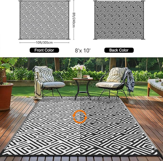 Outdoor Patio Plastic Straw Rug - 8'x10' Outdoor Camping Rug Waterproof Reversible, Area Carpet Patios Clearance RV, Outside Porch Balcony Deck for Camper, Stripe Black & White