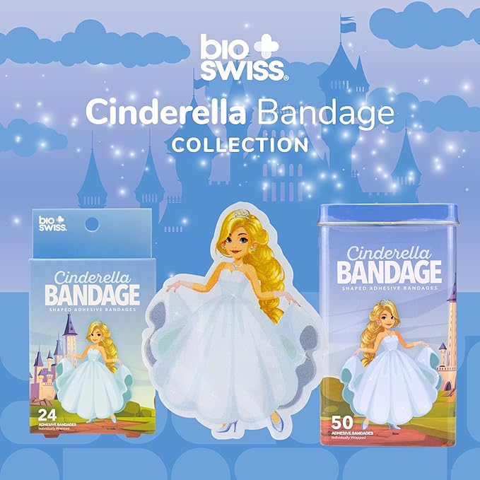 BioSwiss Bandages, Princess Cinderella Shaped Self Adhesive Bandage, Latex Free Sterile Wound Care, Fun First Aid Kit Supplies for Kids and Adults, 24 Count