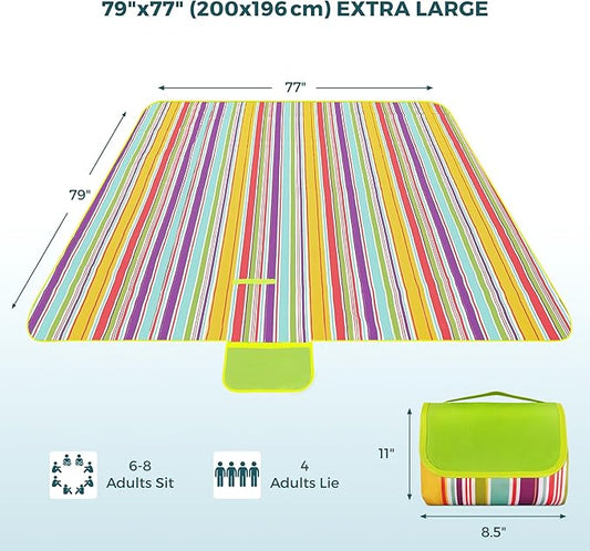 Picnic Blankets - 79''x77'' Extra Large Waterproof Sandproof Foldable Washable Beach Blanket with Carrying Handle - Oversized XL Outdoor Mat, Green
