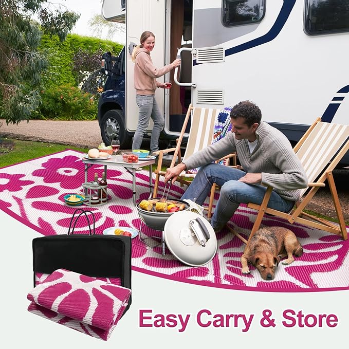 Wonnitar Outdoor Rugs 8x10,Plastic Outdoor Waterproof Patio Rugs Clearance,Reversible Large Outside RV Camping Mat,Portable Abstract Plant Lightweight Carpet for Backyard Deck Park (Pink, 8'x10')