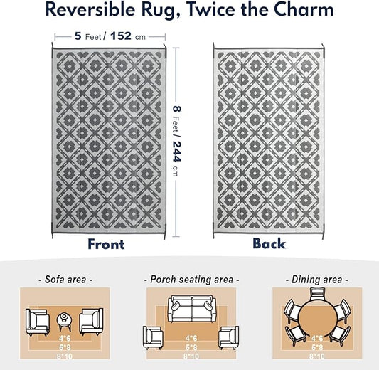 Waterproof Outdoor Rug 5x8 ft, Reversible Plastic Straw Rug, Easy to Clean Patio Rug, Portable Carpet for Patio, RV, Deck, Balcony, Backyard, Picnic, Beach, Square Dashed, Gray