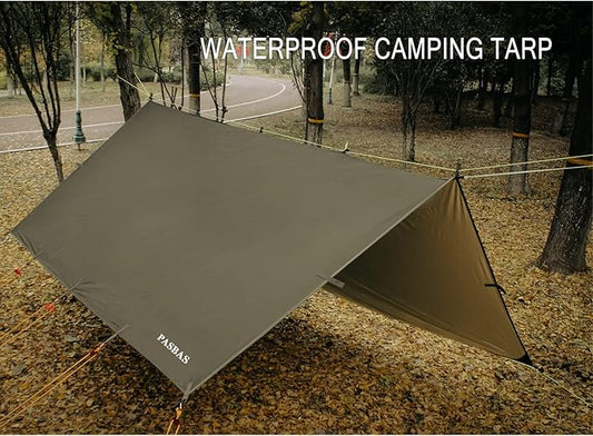 100% Waterproof Camping Shelter,Lightweight Bushcraft Emergency Tarp,70D Ripstop Nylon 10X10 ft Olive Drab Sun Shelter Backpacking Protable Can be Used with Car、Tent、Hammock in Hiking、Traveling、Garden