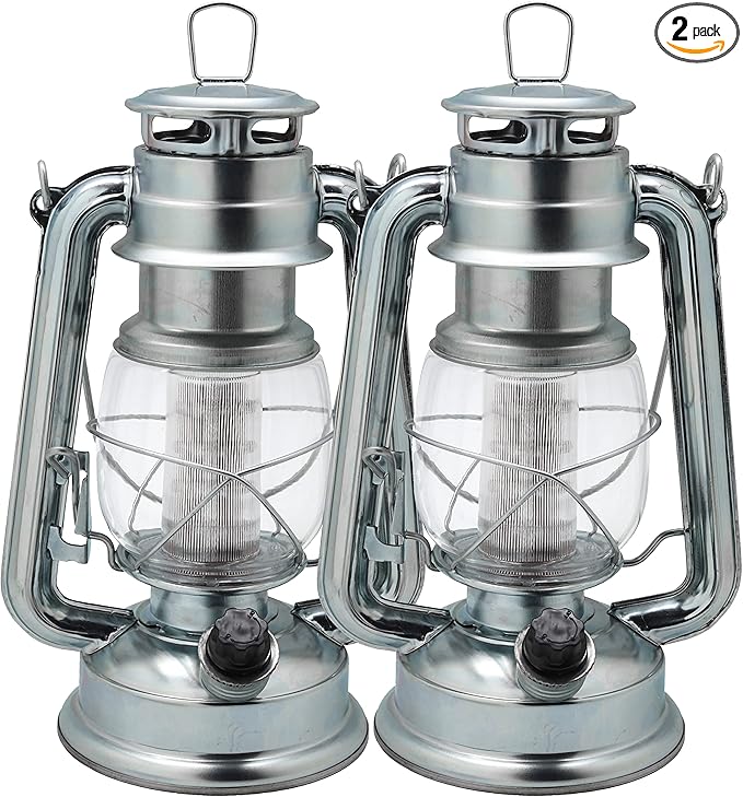 YAKii LED Vintage Metal Hanging Hurricane Lantern - 12 LED Dimmer Switch Cold White Battery Operated for Power Outage Indoor Camping Lighting Outdoor Brooklyn (Silver 2 Pack)