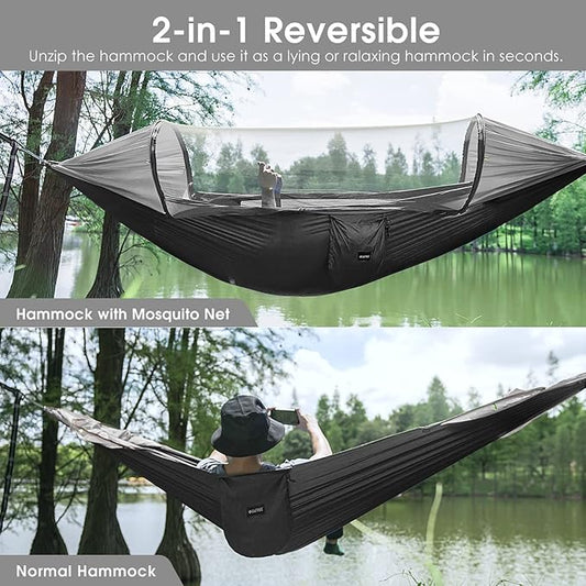 G4Free Large Camping Hammock with Mosquito Net 2 Person Pop-up Parachute Lightweight Hanging Hammocks Tree Straps Swing Bed for Outdoor Backpacking Backyard Hiking