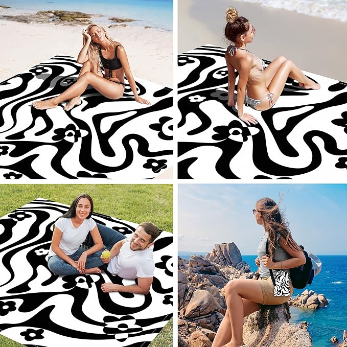 Black Beach Blanket Waterproof Sandproof, 78”x 86” Large Beach Mat for 4-6 Adults, Polyester Lightweight Compact Sandfree Outdoor Picnic Blankets with 4 Stakes & Pockets for Travel, Camping, Hiking