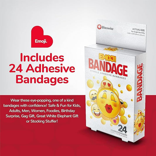 BioSwiss Bandages, Emoji Shaped Self Adhesive Bandage, Latex Free Sterile Wound Care, Fun First Aid Kit Supplies for Kids, 24 Count