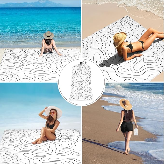 110''×118'' Oversized Beach Blanket for 4-8 Adults, White Waterproof Sandproof Picnic Blanket, Lightweight Foldable Sand Free Outdoor Mat w/ 4 Stakes & Portable Carry Bag for Travel, Camping, Hiking