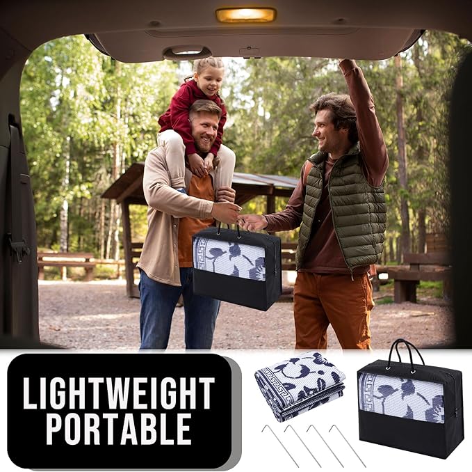 OLANLY Waterproof Outdoor Rug 8x10 ft, Outdoor Plastic Straw Rug with Flower Pattern, Reversible RV Mat for Patio, Camping, Balcony, Deck, Backyard, Navy & White