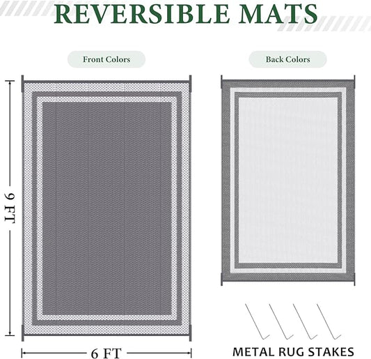 HappyTrends,Outdoor Rug,Patio Rug,Reversible Portable Plastic Straw Rug,Camping Rugs for Outside RV,Large Waterproof Area Rugs for Patio,Deck,Picnic,Porch,Balcony(6'x 9',White&Gray)