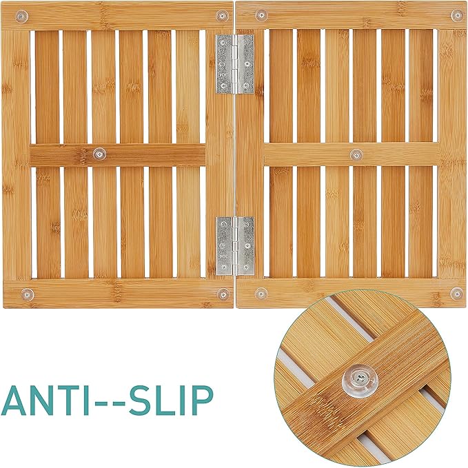 Waterproof Bamboo Bath Mat for Shower, Foldable | Non-Slip | Heavy Duty, Wooden Bath Mat, Floor Mat and Doormat for Indoor Outdoor, 23.4in x 15.6in
