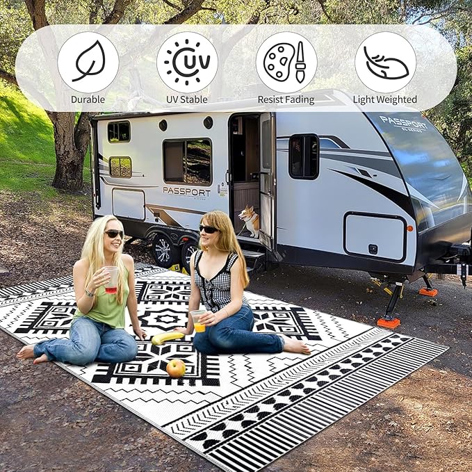 Waterproof Outdoor Rug 5x8ft, Boho Reversible Plastic Straw Mat for Patio RV Deck Porch Backyard Balcony Camping Picnic Beach Indoor Outdoor Carpet, Black&White