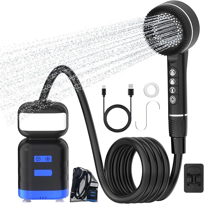 Upgrade Portable Camping Shower, 8000mAh Rechargeable Electric Shower Pump with Massage Shower Head and Multiple Spray Modes for Camping, RV Travel, Beach, Pet Bathing, Car Washing