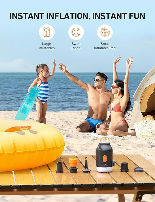 AstroAI Mini Air Pump for Inflatables with 3000mAh Battery Portable Air Mattress Pump with Camping Lantern Electric Air Pump with 5 Nozzles Inflate & Deflate Air Mattress, Vacuum Storage Bags Gray