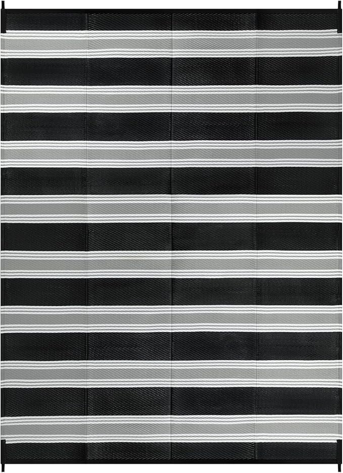 Lahome Striped Outdoor Plastic Straw Rug, Reversible Outdoor Rug Waterproof 9x12 Rugs for Patio, RV Camping Rug Picnic Mat Outside Large Carpet for Beach Deck Backyard Balcony(Black/Grey,9'x 12')