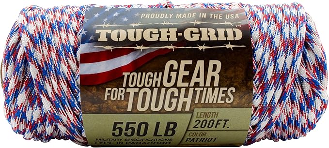 TOUGH-GRID Premium Patriot Paracord 550 lbs Made in USA Outdoor Survival Nylon Rope Tactical Heavy Duty Strands Parachute Cord Used by US Military Type III Mil-Spec