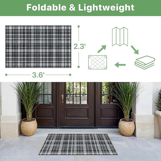 GENIMO Indoor Outdoor Area Rug 2.3'x3.6', Waterproof Non Shedding Front Door Mat, Easy Cleaning, Geometric Carpet for Patio, Porch, Entryway, Living Room, Balcony, Entrance, Bedroom, Black