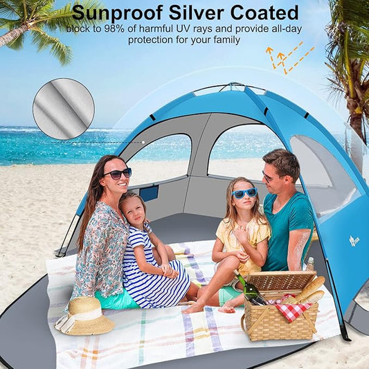 Beach Tent Sun Shelter for 3-4Person, Lightweight Beach Tent with UV Protection, 3 Mesh Roll Up Windows & 8.0mm Fiberglass, Easy Assemble