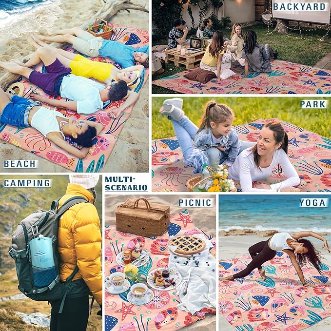 Beach Blanket Sandproof Waterproof 78''ร81''1-5Adults Oversized,Compact Lightweight Durable Beach Mat for Travel Camping Hiking Picnic Blanket
