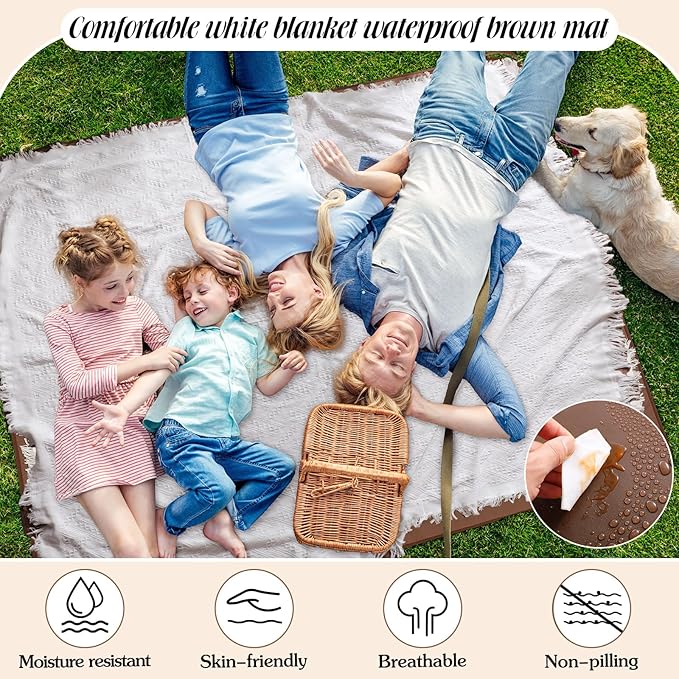 Waterproof Picnic Blankets Outdoor Blanket Foldable 2 in 1 Double Layer Sandproof Beach Mat with Carry Strap for Camping Lawn Park Beach Grass(White,71 x 71 Inches)