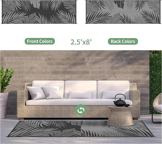 GENIMO Outdoor Rug 2.5' x 8' Waterproof for Patios Clearance, Reversible Outdoor Plastic Straw Camping Rug Carpet, Large Area Rugs Mats for RV, Camper, Deck, Balcony, Porch, Beach, Picnic, Black&Grey