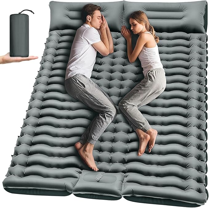Double Camping Sleeping Pad, Inflatable Camping Pad Foot Press Ultralight 2 Person Camping Mat with Pillow for Camping Hiking Traveling Backpacking Tent - Gray