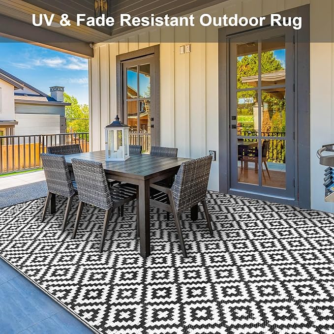Outdoor Patio Plastic Straw Rug - 9'x12' Outdoor Camping Rug Waterproof Reversible, Area Carpet Patios Clearance RV, Outside Porch Balcony Deck for Camper, Black & White