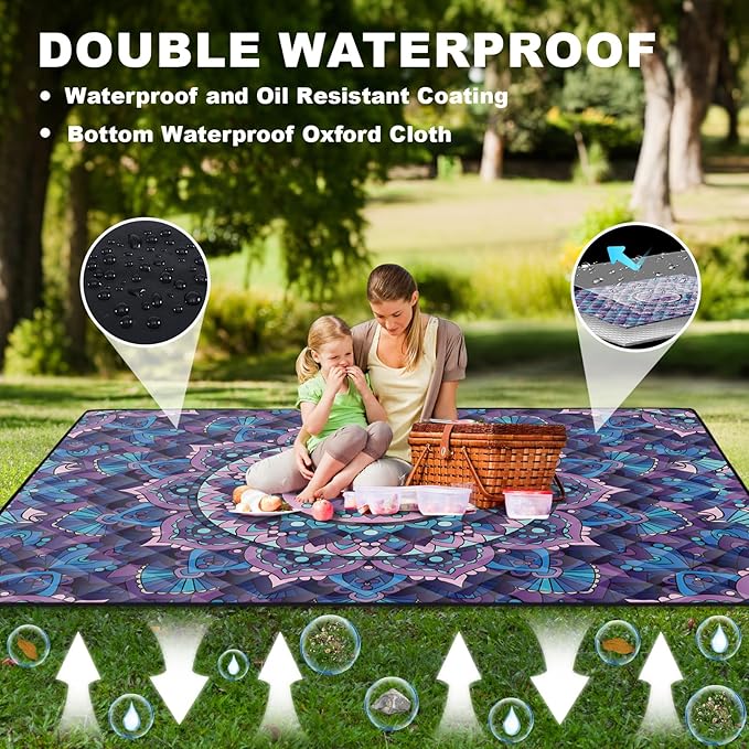 Picnic Blankets Oversized 80x80 Beach Blanket Waterproof Sandproof Foldable Large Outdoor Grass Mat Travel Camping Essentials RV Road Trip Accessories Vacation Gear Gifts for Couple Women Mom