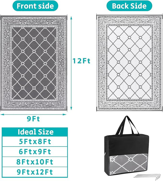 HEBE Outdoor Rug 9'x12' for Patios Waterproof Clearance Reversible Patio Mat Plastic Straw Rug RV Camping Mat Outside Area Rug Carpet for Camping RV,Porch,Deck,Balcony,Camper,Backyard